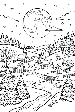 Winterlandschaft mit Vollmond Ausmalbild