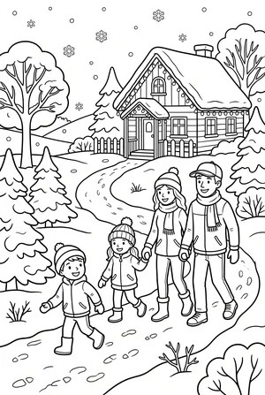 Winterspaziergang mit der Familie Ausmalbild