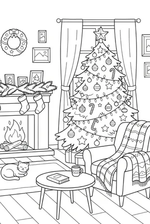 Wohnzimmer mit geschmücktem Weihnachtsbaum Ausmalbild