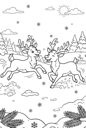Two Reindeer Playing in the Snow Coloring Page