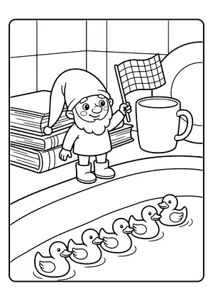 Elf prank idea rubber duck race: the little elf stands with a start flag at the edge of the tub while five rubber ducks line up in the water – coloring page