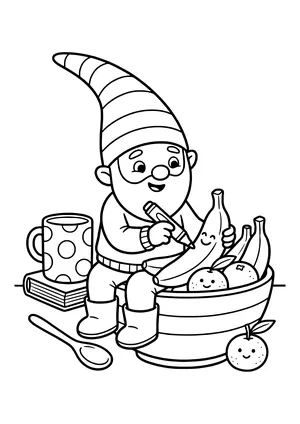 Elf prank idea bananas with faces: the little elf sits on a fruit bowl and draws funny faces on bananas and tangerines with a thick marker – coloring page