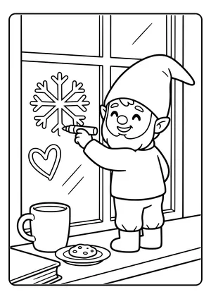 Elf prank idea message on the window: the little elf draws a big snowflake and a heart on the window pane with a chalk marker – coloring page