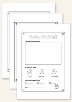 Drei Seiten Briefpapier zum Beschreiben, mit Malfeld und Fragen an den Wichtel