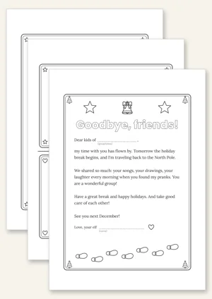 Three pages of elf letters for daycare and classrooms: welcome, daily greetings, and goodbye, with a group name field