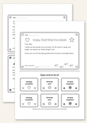 Two pages with three apology letters from the elf and reply cards to color