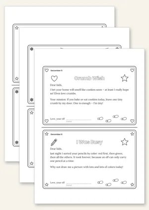 Six short elf daily letters for December 1 to 6, two per page to cut out