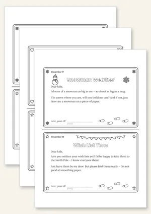 Six elf daily letters for December 13 to 18, two per page to cut out