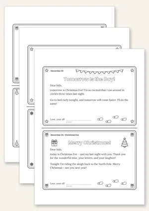 Six elf daily letters for December 19 to 24 including Christmas Eve, two per page