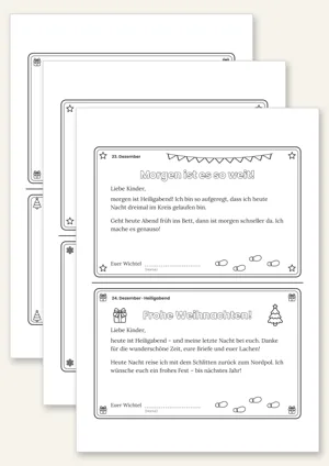 Sechs Wichtel-Tagesbriefe für den 19. bis 24. Dezember inklusive Heiligabend, zwei pro Seite