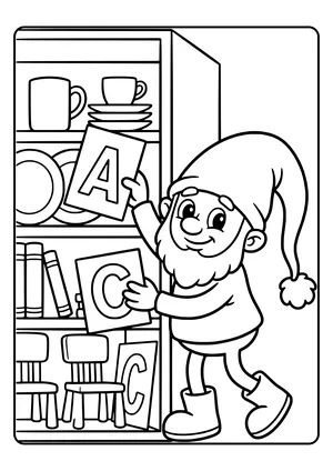A little elf hides big letter cards around the classroom and peeks out from behind a shelf – coloring page for the Letter Hunt elf idea.