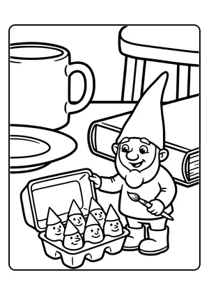 Elf prank idea eggs wearing hats: in the egg carton, each egg has a face and a little paper hat while the elf stands proudly beside it – coloring page
