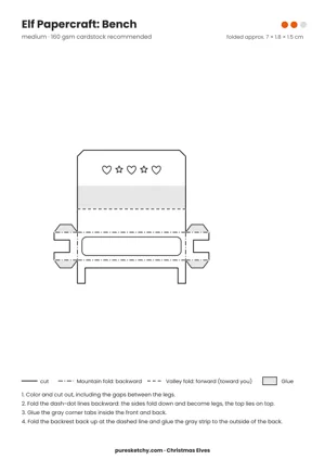 Bench papercraft template with cut and fold lines to color for your elf