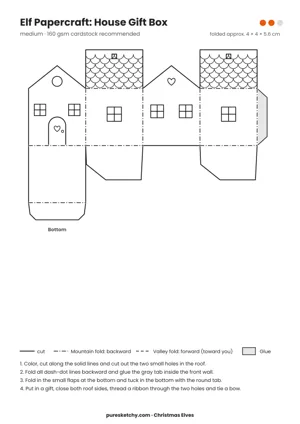 House Gift Box papercraft template with cut and fold lines to color for your elf