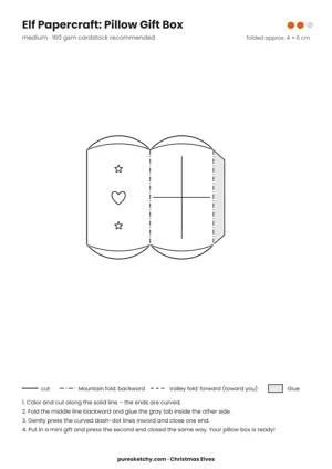 Pillow Gift Box papercraft template with cut and fold lines to color for your elf