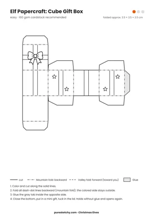 Cube Gift Box papercraft template with cut and fold lines to color for your elf