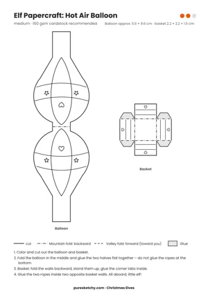Hot Air Balloon papercraft template with cut and fold lines to color for your elf