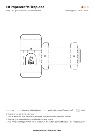 Fireplace papercraft template with cut and fold lines to color for your elf