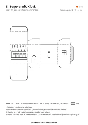 Kiosk papercraft template with cut and fold lines to color for your elf