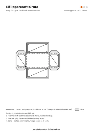 Crate papercraft template with cut and fold lines to color for your elf