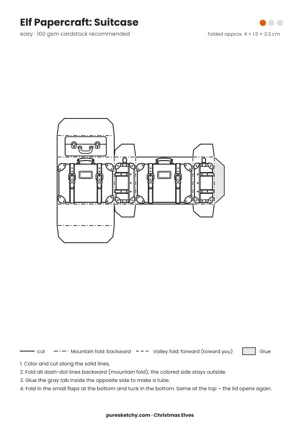 Suitcase papercraft template with cut and fold lines to color for your elf