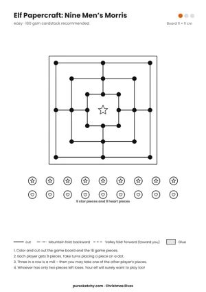 Mill Game papercraft template with cut and fold lines to color for your elf