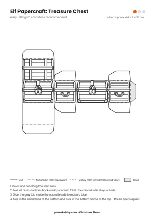 Treasure Chest papercraft template with cut and fold lines to color for your elf