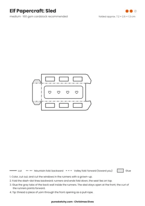 Sled papercraft template with cut and fold lines to color for your elf