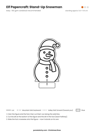 Snowman papercraft template with cut and fold lines to color for your elf