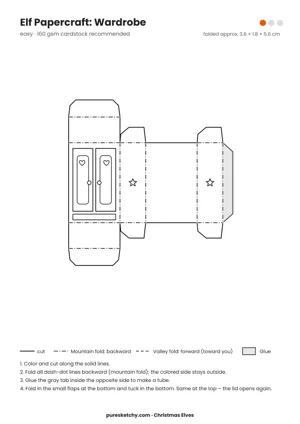 Wardrobe papercraft template with cut and fold lines to color for your elf