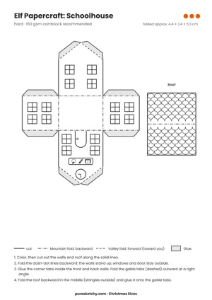 Schoolhouse papercraft template with cut and fold lines to color for your elf