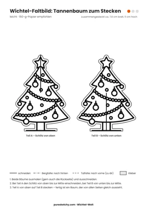 Faltbild Tannenbaum: Bastelvorlage mit Schnitt- und Falzlinien zum Ausmalen für den Wichtel