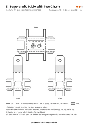 Table and Chairs papercraft template with cut and fold lines to color for your elf