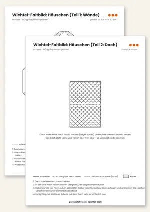 Faltbild Wichtelhäuschen: Bastelvorlage mit Schnitt- und Falzlinien zum Ausmalen für den Wichtel