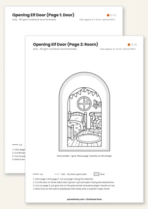 Classic Elf Door papercraft template with cut and fold lines to color for your elf