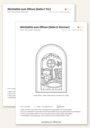 Faltbild Wichteltür klassisch: Bastelvorlage mit Schnitt- und Falzlinien zum Ausmalen für den Wichtel