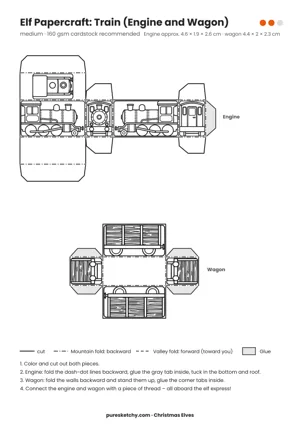 Train with Wagon papercraft template with cut and fold lines to color for your elf