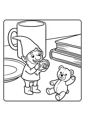A little elf photographs a posing stuffed animal with a paper camera – coloring page for the Photo Shoot elf idea.