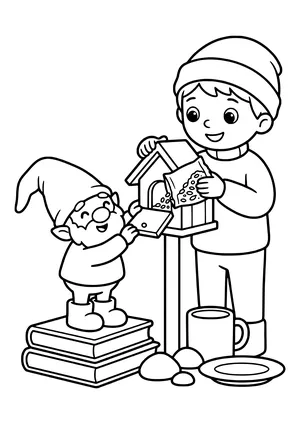 A little elf scatters birdseed into a bird feeder together with a child – coloring page for the Food for the Birds elf idea.