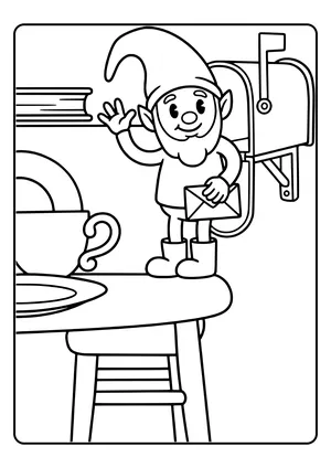 A little elf waves from a small mailbox holding a letter – coloring page for the Greetings from the Mailbox elf idea.
