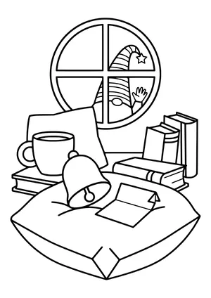 A golden bell and a farewell letter lie on a pillow while only a waving cap shows in the window – coloring page for the Christmas Eve elf idea.