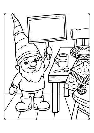 A little elf holds up a sign next to a half-set table with plates – coloring page for the Help Set the Table elf idea.