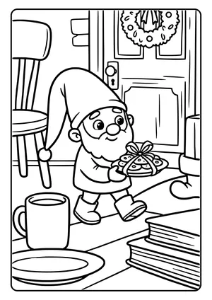A little elf carries a ribbon-tied plate of cookies to a front door – coloring page for the Cookies for the Neighbors elf idea.