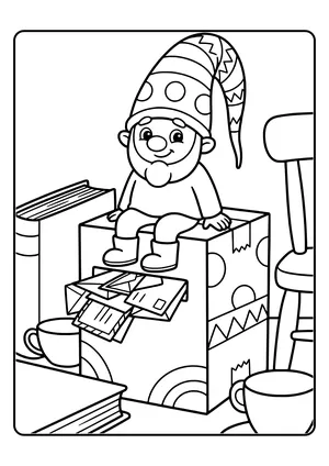 A little elf sits on a cardboard mailbox full of the children's letters – coloring page for the Class Elf Mail elf idea.