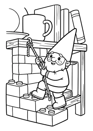 Elf prank idea building block climbing wall: the little elf climbs a wall of big building blocks fixed to the shelf using a rope – coloring page