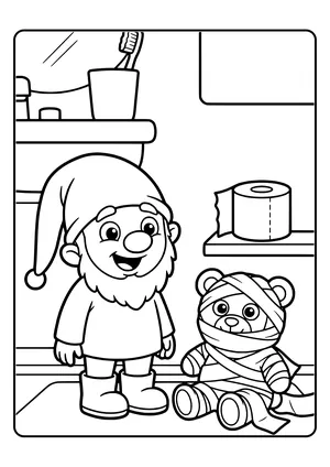 Elf prank idea toilet paper mummy: the little elf wrapped a stuffed animal in toilet paper in the bathroom, with only the eyes peeking out – coloring page