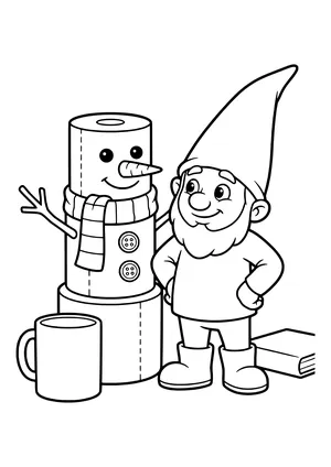 Elf prank idea toilet paper snowman: the little elf stands proudly next to a snowman made of three toilet paper rolls with a scarf and button eyes – coloring page