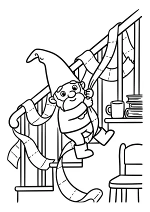 Elf prank idea toilet paper on the stairs: the little elf strung toilet paper in zigzags over the whole stair railing and hangs laughing from a strip – coloring page