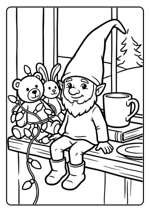 A little elf sits on the windowsill next to stuffed animals wrapped in fairy lights – coloring page for the Fairy Lights elf idea.