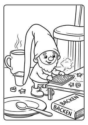 A little elf bakes tiny cookies on a mini baking sheet with flour puffs and cookie cutters around – coloring page for the Midnight Bakery elf idea.